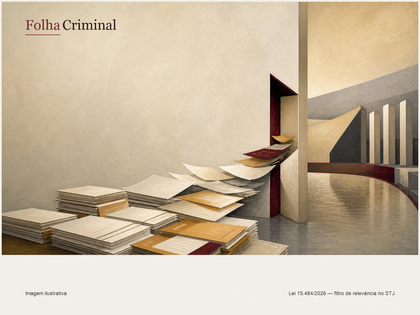 Ilustração editorial de documentos processuais atravessando uma passagem seletiva diante de arquitetura institucional abstrata.